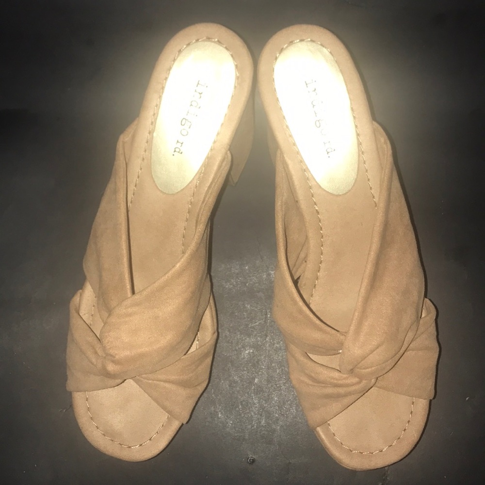 Faux suede chunky knot wedge sandals.